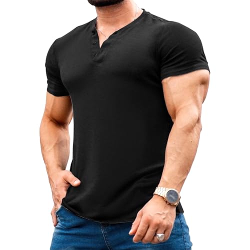 Men Round Neck Slim Fit Solid T-Shirt Short Sleeve Quarter Button Street Shirt Summer Classic Cozy Breathable Tops (Black,Medium)