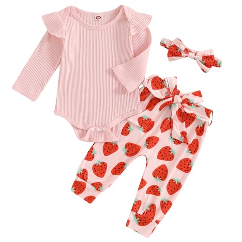 Image of Tiacham Tiaham Baby Girl Clothes Cute Outfits Fruit Floral Long Sleeve Romper Tops Pant Newborn Bodysuit Fall Winter Outfit (Pink Strawberry, 0-3 Months)