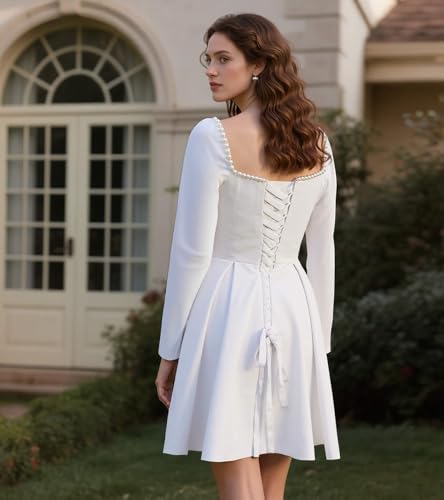 Long Sleeves Short Wedding Dresses for Bride Square Neck Satin Simple Prom Dress Mini Homecoming Party Dress XPD32