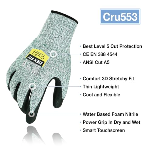 Image of DEX FIT Level 5 Cut Resistant Gloves Cru553, 3D Comfort Stretch Fit, Power Grip, Durable Foam Nitrile, Pass FDA Food Contact, Smart Touch, Thin & Lightweight, Green 10 (XL) 3 Pairs