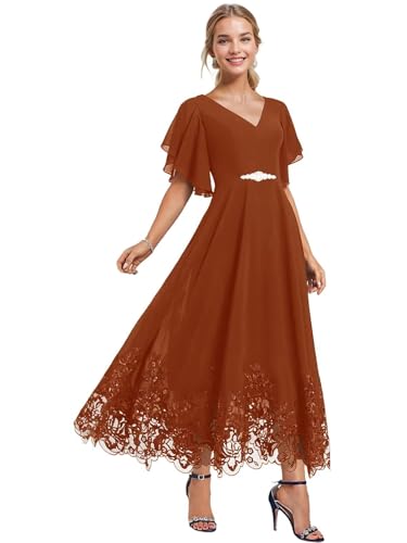 ISABUFEI Mother of The Bride Dresses – Tea Length Flutter Sleeves V Neck Lace Applique Chiffon Dress