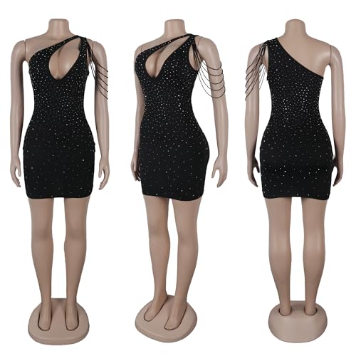 Image of PORRCEY Women's Sexy Rhinestone One Shoulder Birthday Dress Party Club Evening Dress(K3231,Black,XL)