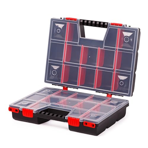 MIVOS Caja organizadora de doble cara, 390 x 290 x 130 mm, con 30 compartimentos ajustables, de 2 lados, piezas pequeñas, caja de accesorios, herramientas estable