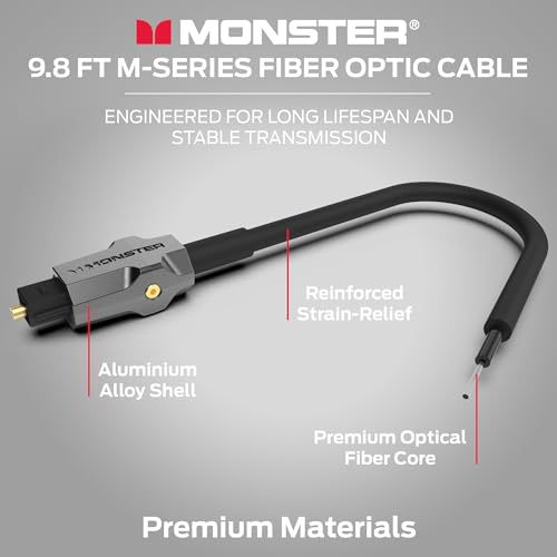 Monster M-Series 1000 Fiber Optical Digital Audio Cable Toslink Cable for Sound Bar, TV 3 Meters (9.8 Ft)-Black