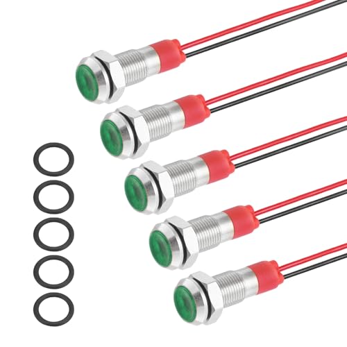 PATIKIL 5Pcs 6mm(1/4") Indicator Light,12V-24V AC/DC 20mA LED Metal Signal Lamp Waterproof IP67 Flat Head Signal Lights with 150mm(5.9") Cable for Boat Car,Green