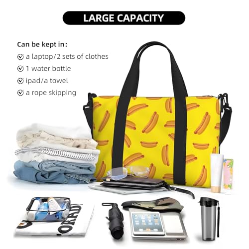 Carry On Duffle Bags Overnight Weekender Bags for Women, Cartoon Hot Dog Print Yellow Personal Item Travel Bag, Travel Essentials Sport Gym Bag for Men Women4