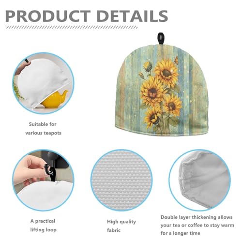 Image of Hudotybom Wood Sunflower Tea Cozy for Teapot Insulated Large Teapot Cover to Keep Warm Tea Kettle Cover Machine Washable Coffee Pot Cloth Covers Kitchen Home Decorations for Housewife Mom