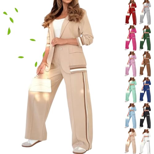 2025 Temperament Solid Color Ribbed Suit Set, Blazer and High Rise Straight Leg Pants Sets, Womens Dressy 2 Piece Pant Suits