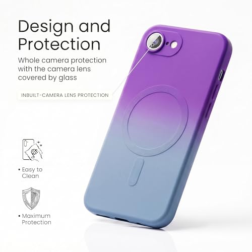 Image of amazon basics Gradient Mag-Safe Case for iPhone 16E | Soft Silicone Shockproof Cover with Camera Protection | Slim Lightweight Design | Smooth Touch & Durable - Purple & Gray