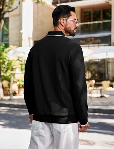 Angbater Men’s Casual Polo Shirt Long Sleeve Textured Button Collared Polo Knit Stretchy Golf Pullover Sweaters3