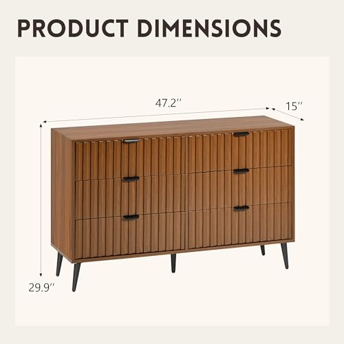 Image of Fluted Dresser for Bedroom with 6 Drawers, Walnut Modern Dresser with Metal Handle, 47'' Wide Natural Wood Dressers Organizer with Blister Drawers for Bedroom