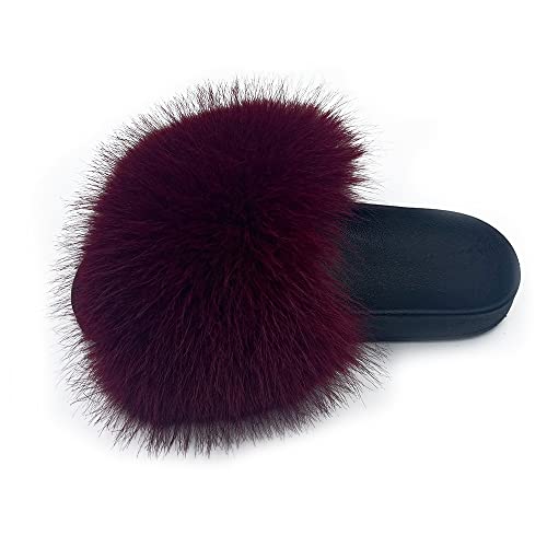 Image of Women's Faux Fur Slides Slippers Fluffy Fuzzy Sandals Open Toe Furry Slide Flip Flop Indoor Outdoor