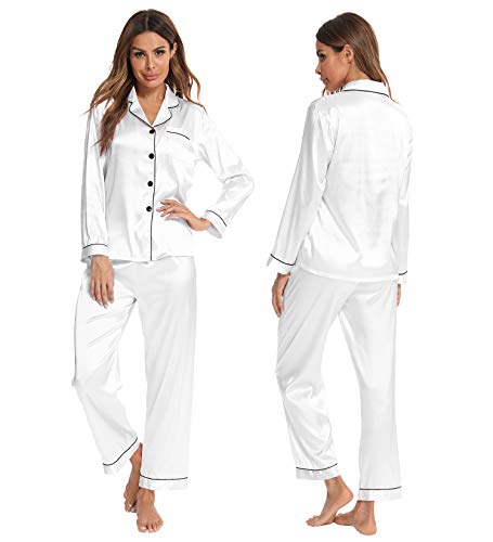 SWOMOG Pajamas Set Long Sleeve Sleepwear Womens Button Down Nightwear Soft Pj Lounge Sets White