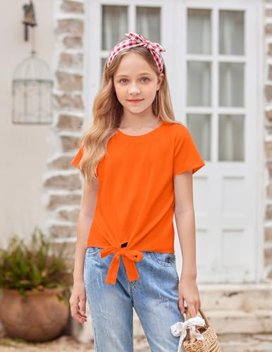 Image of Arshiner Girls Short Sleeve Shirts Tie Knot Front Tops T Shirts for Kids Crewneck Cute Casual Tie Dye Tee Blouse