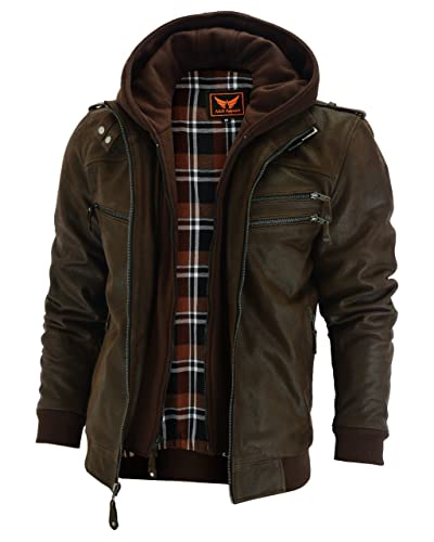 A&H Apparel Mens Top Grain Cowhide Warm Fashion Moto Leather Jacket With Removable Hood