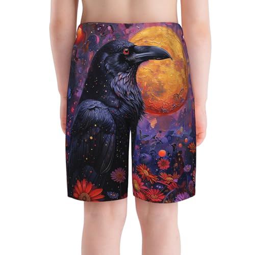 Boys Swim Trunks Beach Board Shorts Summer Bathing Suits Teen Kids, Raven Moon Flowers4