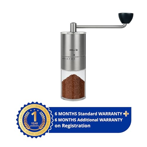 Image of IBELL GRINDX6 Manual Coffee Grinder with Glass Jar, 6 Adjustable Settings, Stainless Steel, Detachable Handle, Ceramic Conical Burrs, Whole Beans, Drip Coffee, Espresso (Silver)