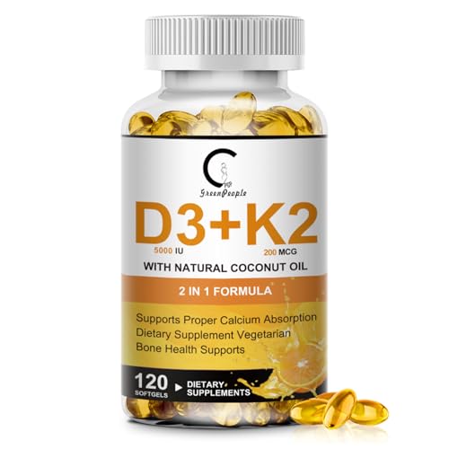 Vitamin D3 K2 Supplement with Vitamin D3 5000 IU, 200 mcg Vitamin K2 MK-7 & Natural Coconut Oil, Plant Based 2-1 Formula for Bone, Teeth, Muscle and Immune Health Support,120 Softgel Capsules