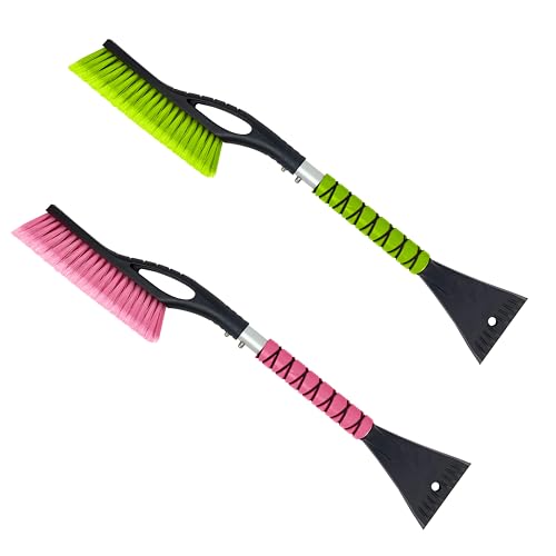 Image of Autovir 27 inch Car Snow Brush and Ice Scrapers for Car Windshield 2 Pack | Window Scraper with Ergonomic Foam Grip, Snow Removal for Car, Must Have Winter Car Accessories (Green and Pink)