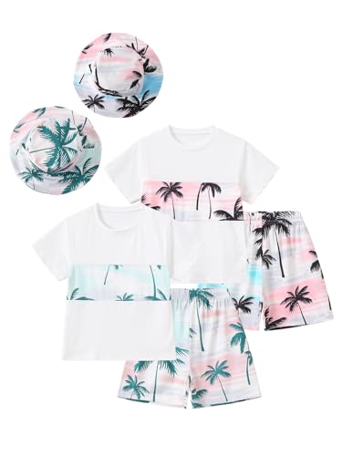 Image of Boy Shorts Sets Summer Hawaii Outfit Palm Print Short Sleeve T-Shirt and Drawstring Cotton Shorts with Pockets