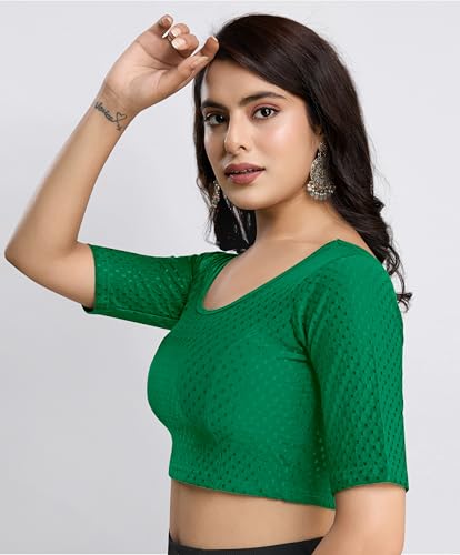 Image of TRENDMALLS Women's Dobby Pure Cotton Elastin Stretchable Readymade Round Neck Elbow Length Sleeves Blouse Choli Stylish Saree Blouse Ready to Wear
