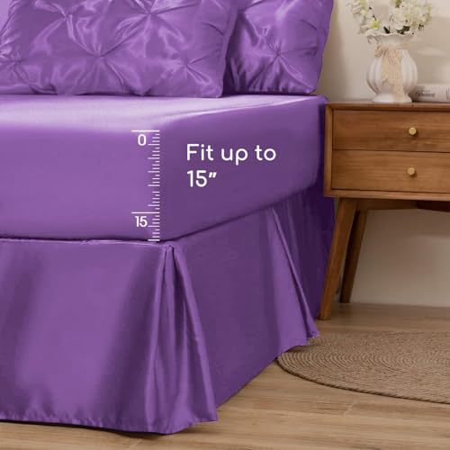 MR&HM Satin Comforter Twin XL 5 Pieces - Luxurious Pinch Pleat Bedding Set with Comforter, Flat Sheet, Fitted Sheet, Pillowcase & Sham, Super Silky Soft Bed Set for All Season (Twin XL, Lavender)