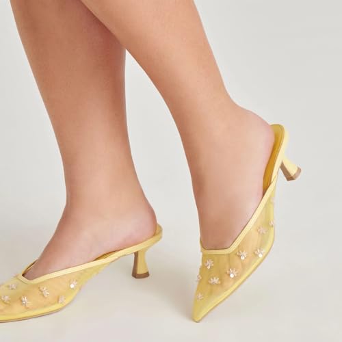 Image of Women Kitten Heel Mules Crystal Flower Decor Mesh Pointed Toe Low Heel Casual Pumps