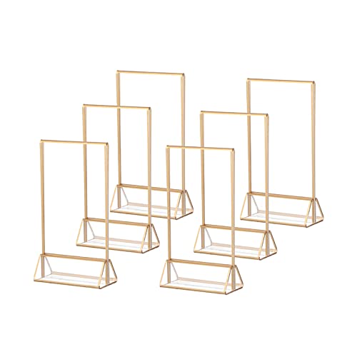 Photo 1 of 6 PCS. Acrylic Table Number Holder , 4 x 6 Table Number Stand , Clear Gold Rimmed Acrylic Table Sign Holder , Double Sided Sign Menu Holder , Place Card Holder for Wedding , Stand for Restaurant Sign