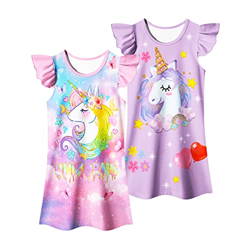 Lqsz Girls Nightgowns Crystal Unicorn Nightdress Nightie Sleepwear Pajamas Flutter Short Sleeves Nightgown For Girls 4 5T #TOP15