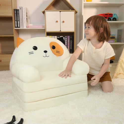 QIUODO Kids Couch Fold Out for Playroom, Velvet 2-in-1 Flip Open Couch for Toddlers 1-3, Comfy Toddler Chair for Reading and Napping, Foldable Kids Sofa Bed for Boys and Girls