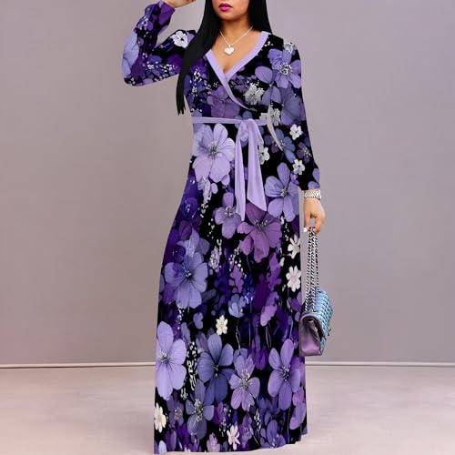 Image of Women Plus Size Long Sleeve V Neck Maxi Dress with Belt | Soft fabric relaxed fit three quarter sleeve v neck with pockets for party and daily wear