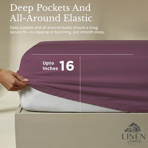 Image of Linen Home 100% Cotton Percale Sheets Full Size, Damson Berry, Deep Pocket, 4 Pieces Set - 1 Flat, 1 Deep Pocket Fitted Sheet and 2 Pillowcases, Crisp Cool and Strong Bed Linen