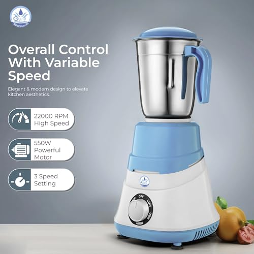 Image of GRAND PLUS Sky Blue 550 W Mixer Grinder with 3 Multipurpose Jars for Grinding, Blending & Mixing | High-Performance Motor | Super Efficient & Power Saving | 1Y Warranty(Neo | 3 Jars |White, Sky Blue)