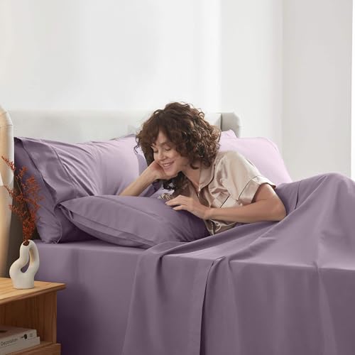 Image of Nestl Extra Deep Cal King Sheet Set - 6 Piece Breathable & Cooling Sheets - Hotel Luxury Bedding Set w /18-24 Inch Deep Pockets - Easy & Secure Fit - Super Soft, Wrinkle Free & Comfy - Dusty Purple