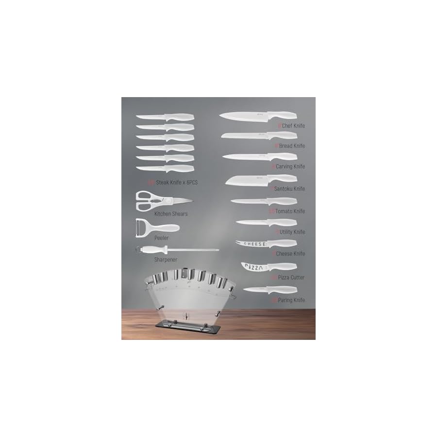 EUNA-Knife-Block-Set-19-PCS-White-Kitchen-Knife-Set-with-Acrylic-Block-and-Sharpener-German-High-Carbon-Stainless-Steel-Knife-Sets-with-6-Serrated-Steak-Knives-Chef-Knife-Dishwasher-Safe EUNA Knife Block Set, 19 PCS White Kitchen Knife Set with Acrylic Block and Sharpener, German High-Carbon Stainless Steel Knife Sets with 6 Serrated Steak Knives, Chef Knife, Dishwasher Safe