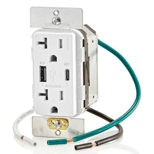 Image of Leviton T5834-W 60W (20V@2.5A+ 5V@2A) USB Dual Type A /Type-C Power Delivery in-Wall Charger with 20A Tamper-Resistant Outlet, USB Charger for Smartphones, Tablets, Laptops, White