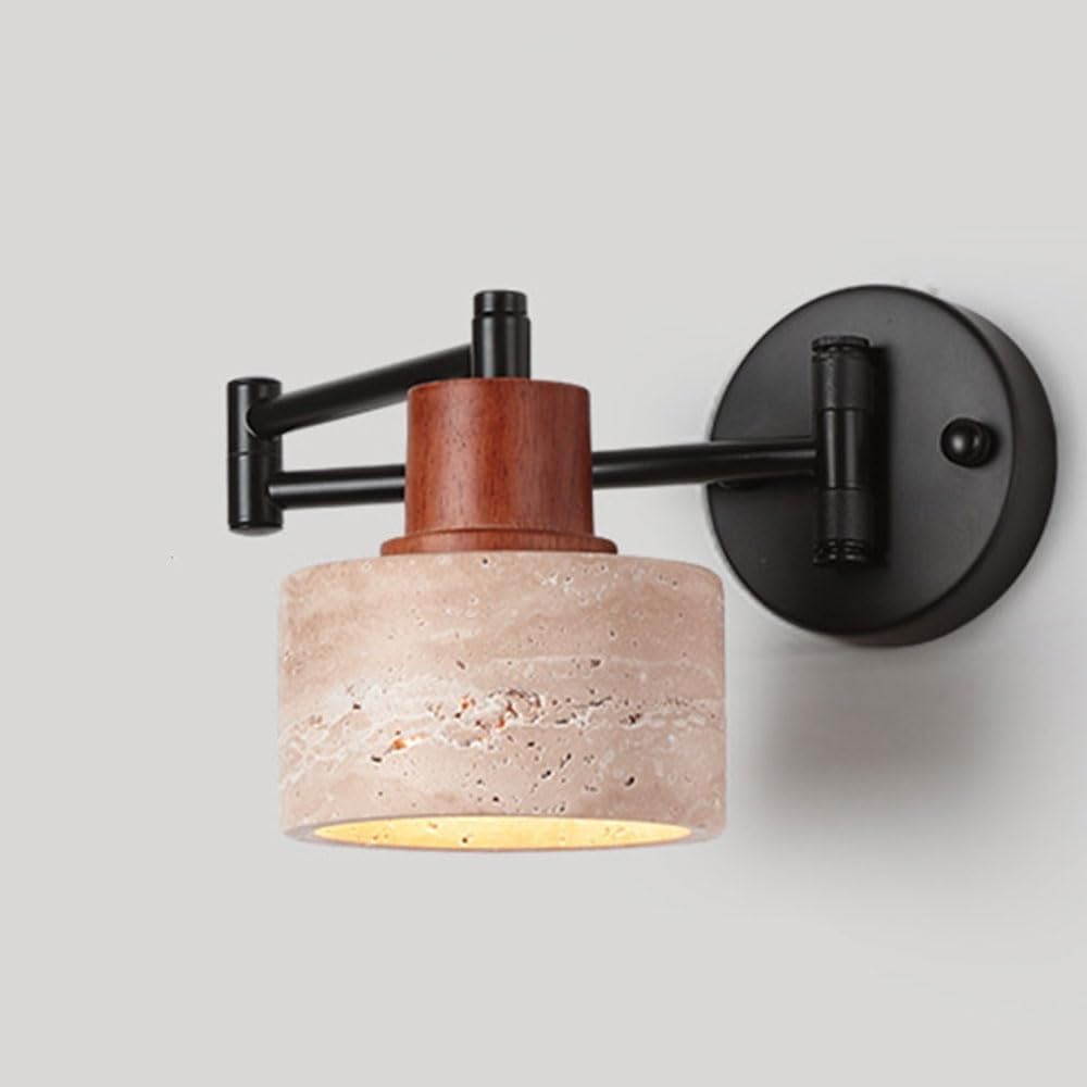 Cosrub Cylinder Nordic Yellow Travertine Wall Sconce, Swing Arm Wall Mounted Light Modern Farmhouse Adjustable Stone Wall Lamp For Bedside Study Reading Nook Workshop(Cylinder)