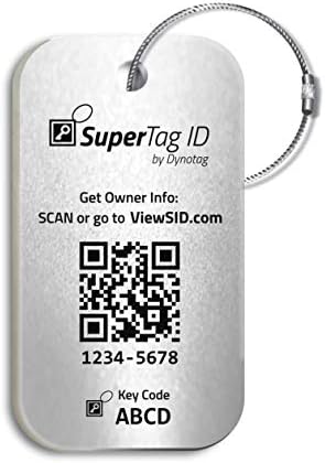 Dynotag® Sentry Series Solid Metal Web Enabled Smart Luggage ID Tag + Steel Loop, w. DynoIQ™ & Lifetime Recovery Service (Frost Silver, Anodized Aluminum)