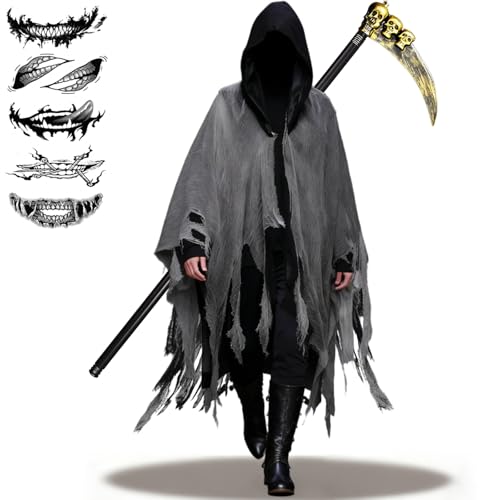 Disfraz de Parca, disfraz de Halloween de Parca, disfraz de hombre de la parca, capa con capucha, pegatinas de terror, guadaña, disfraz de Grim Reaper, para fiesta de Halloween, carnaval, cosplay