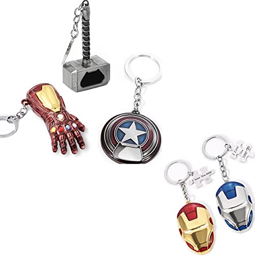 Sio & Tan Mjolnir Keychain Bottle Opener, Iron Man Nano Gauntlet Keychain, Captain America Shield Keychain Bottle Opener, Thor Hammer Keychain Bottle Opener I love You 3000 Key chain