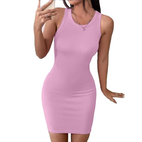Image of Solid Sleeveless Round Neck Ribbed Western Bodycon Dress For Women