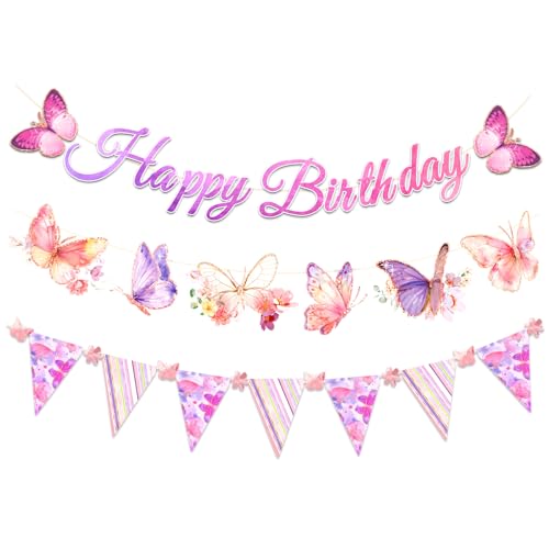 AOBKIAT Happy Birthday Banner,3PCS Pink Purple Butterfly Garland