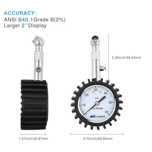 Image of Nilight Tire Pressure Gauge 60PSI Heavy Duty Stainless Steel Air Chucks ANSI B40.1 Certified Large 2 inch Dial Wheel Service Checker for Truck Semi Truck ATV Motorhome Cars & RV Accessories