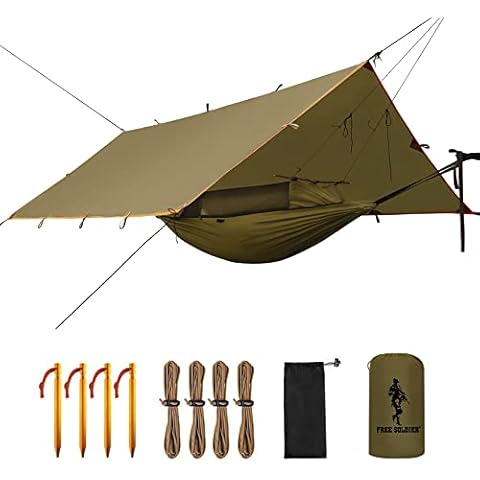 FREE SOLDIER Tactical Camping Hiking Hammock with Tarp Kit Multipurpose Portable Waterproof Hanging Bed with Shed (Brown) Cover