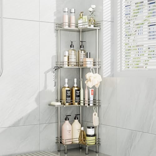 Image of Consumest Corner Shower Caddy Standing - 4-Tier Stainless Steel Shower Organizer with Soap Holder and 4 Hooks, Large Capacity Corner Shelf Stand for Bathroom, Rest Room, Sand Nickel