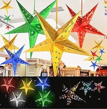 Christmas Paper Star Lanterns Light Up 5-Pointed Star Lamp Shade Star Paper Lantern Hanging Decorations, pack of 5 pcs