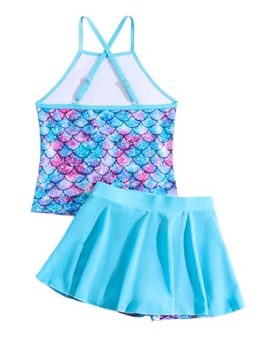 Kids Girls 2Pcs Rash Guard Swimsuit Tankini Bikini-Style Straps Tops with Swim Ruffled Skirt Beachwear2