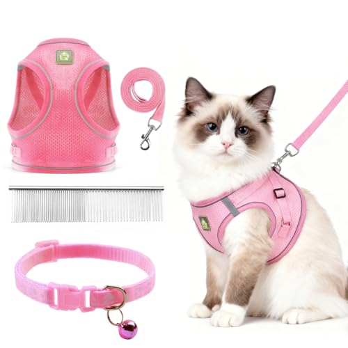 CUEMOON Pettorina e Guinzaglio per Cani, Pettorina Traspiranti Regolabili, Pettorina Riflettente per Cuccioli, Set di imbracatura e guinzaglio per cuccioli, gatti e gattini,M (Rosa, S)