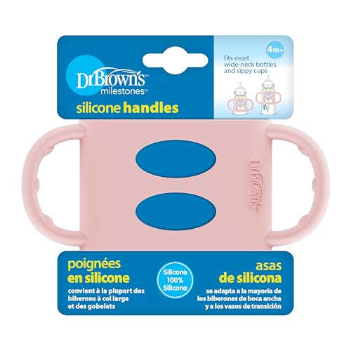 Image of Dr. Brown's Wide-Neck Baby Bottle Handles, 100% Silicone, Easy Grip Removable Handles for Bottle to Sippy Cup Transition, Pink, 4m+