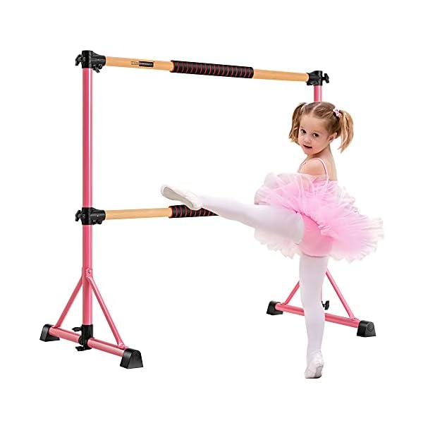 VIVOHOME Portable Anti-Slip 4ft Adjustable Ballet Barre Bar with Beechwood, EVA Pad for Home Gym Double Stretching Freestanding Dance Equipment 330LBS Capacity Stable Pink